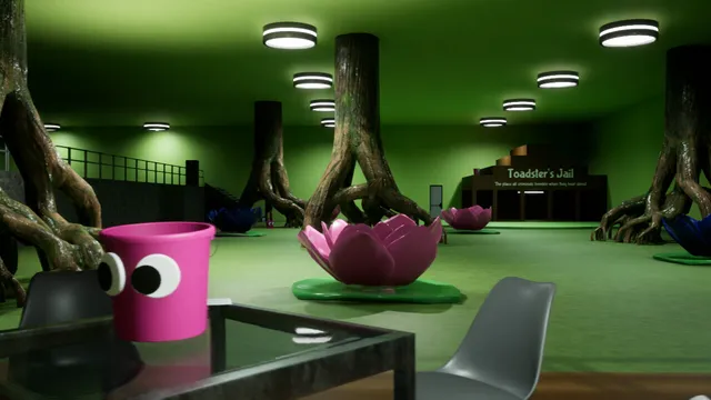 A green hall of giant tree roots and pink flowers with a sign for Toadster's Jail, a pink bucket with eyes in front