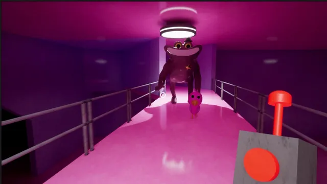 The toad mascot and a small pink bird walking towards the player along a pink walkway, the drone controller in the foreground
