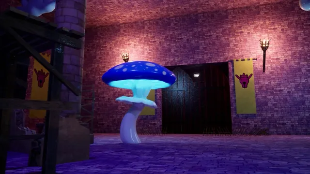 A brick castle hall lit by torches with a glowing blue mushroom and yellow banners by a large door