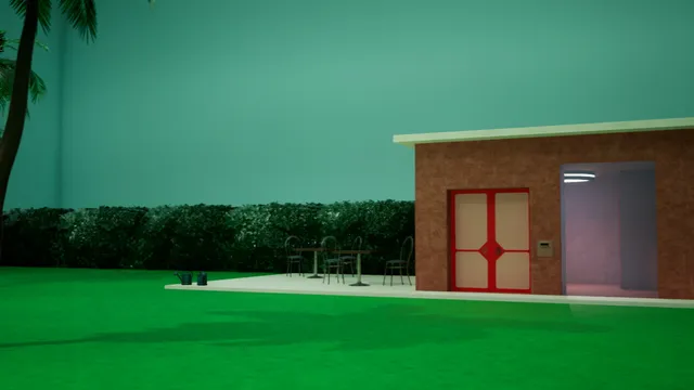 An underground lawn with palm trees and a brick building with red doors under a painted green sky