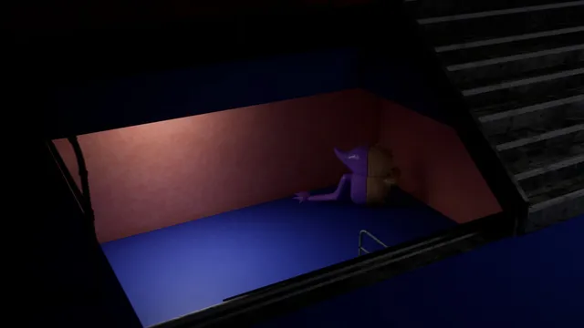 A lit pit below a dark staircase where a purple mascot lies slumped in the corner