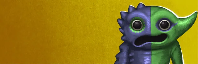Garten of Banban 6 key art: a mascot half purple and spiked, half green, with a gaping mouth, on a yellow background