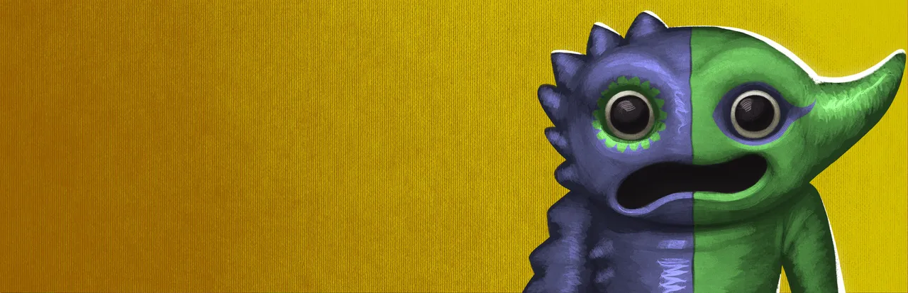 Garten of Banban 6 key art: a mascot half purple and spiked, half green, with a gaping mouth, on a yellow background