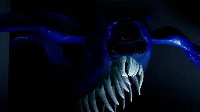 A blue creature with several dark eyes and long white fangs lunging out of the dark