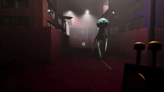 A thin green figure with huge round eyes walking down a misty red street between buildings, the drone controller in view