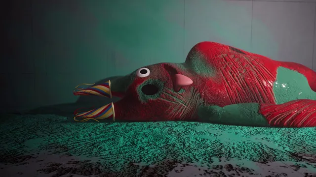 A red and green mascot with party horns and a googly eye lying on its side on a dark floor