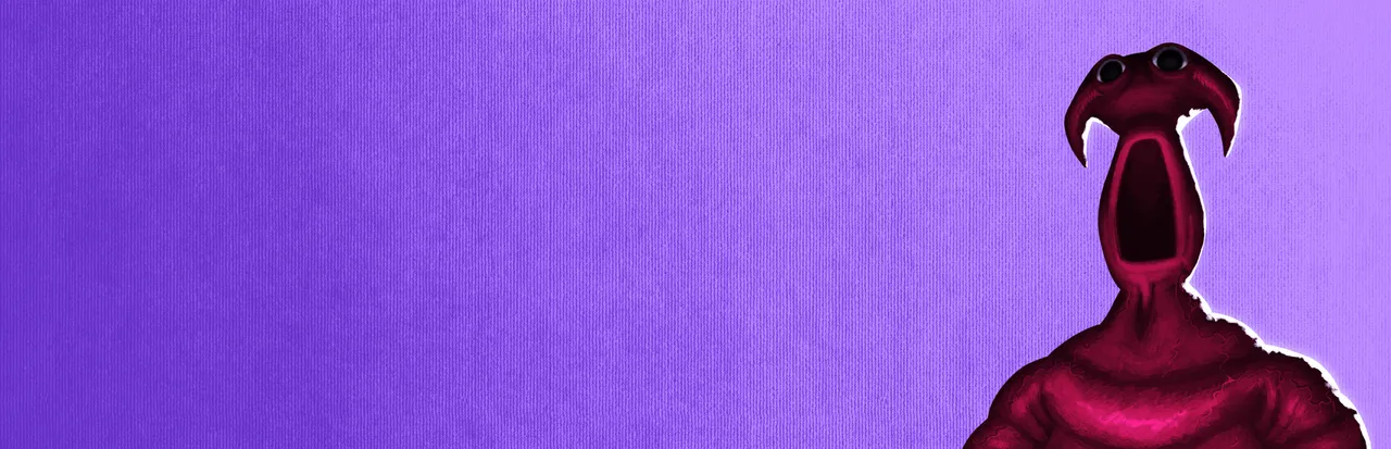 Garten of Banban 7 key art: a crimson creature with a long gaping mouth and small eyes on a purple background