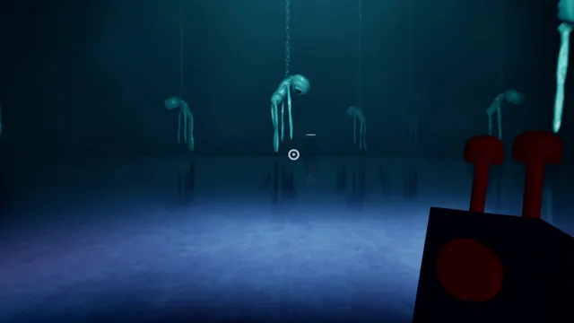 Pale long-limbed shapes hanging on chains in a dark blue hall