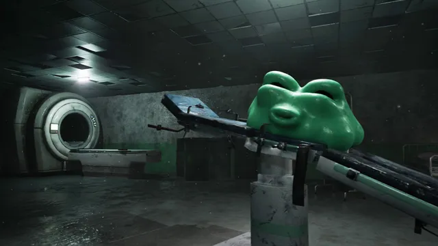 A green mascot head lying on an operating table in a dark clinic with a scanner behind it