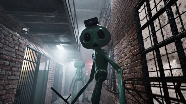A green long-limbed mascot in a guard's cap with a baton in a prison corridor, another behind it