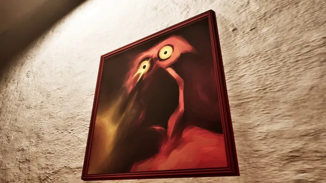 A framed painting of a red creature with a gaping beak and yellow eyes on a lit wall