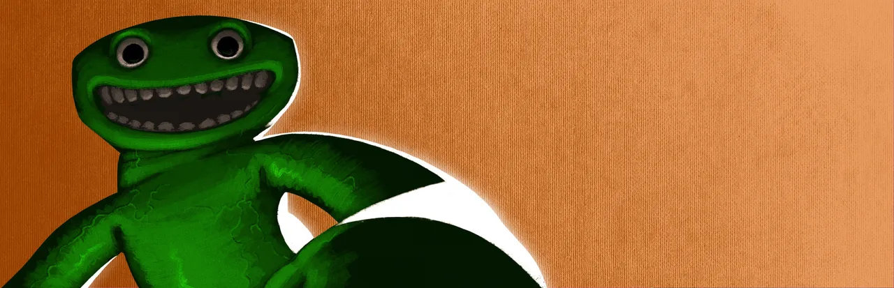 Garten of Banban key art: the green mascot Jumbo Josh grinning with wide eyes against an orange background