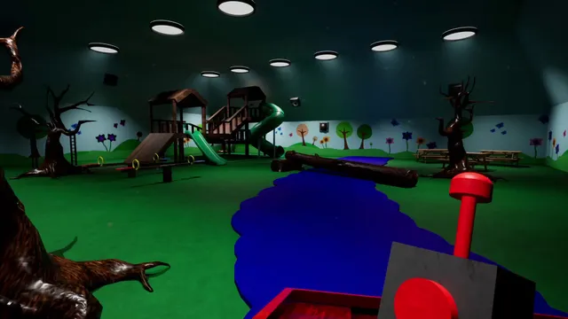 An indoor playground with slides, painted trees and a blue river under round ceiling lights