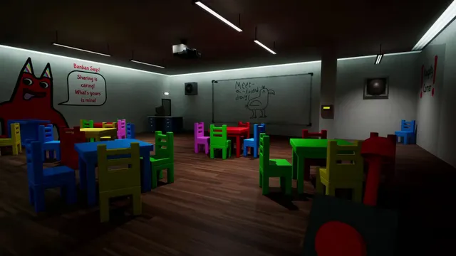 An empty classroom of small coloured tables and chairs, a red mascot painted on the wall