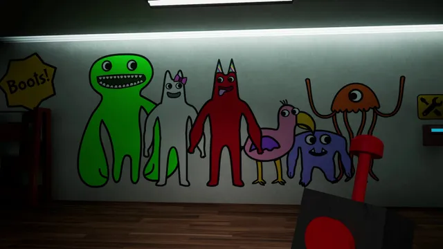 A mural of six cartoon mascots on a dim kindergarten wall, the drone controller in the foreground