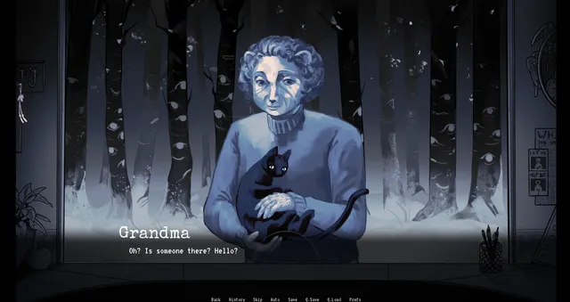 A grandmother with a black cat in her lap at the window asks Oh? Is someone there? Hello?