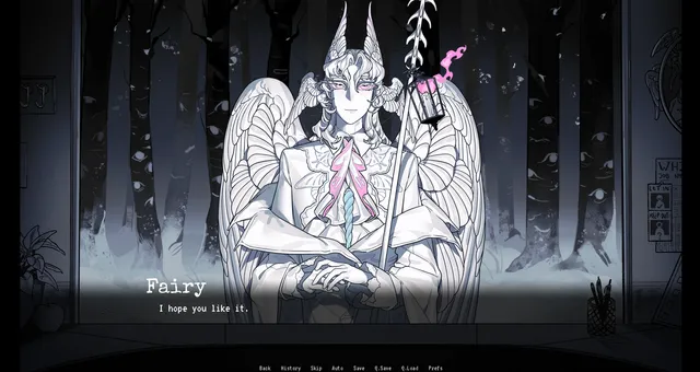 A white-winged figure called Fairy with horns and a staff sits at the window and says I hope you like it