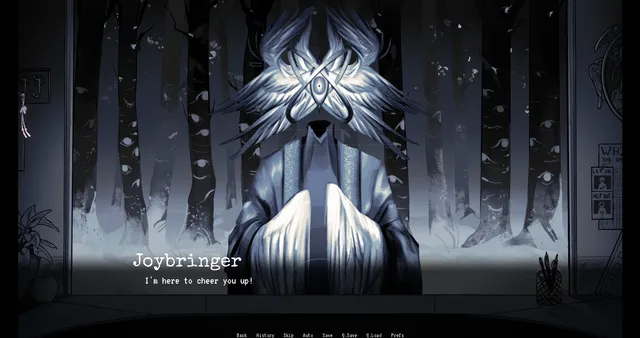 A visitor called Joybringer, a pale figure with a fan of white spikes for a head, says I'm here to cheer you up