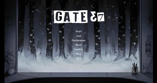 GATE 37 title screen: the title over a snowy forest whose trees are covered in eyes, seen from the guard post window