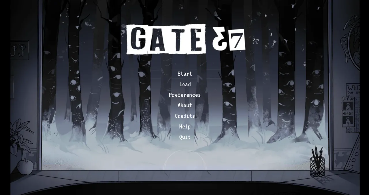 GATE 37 title screen: the title over a snowy forest whose trees are covered in eyes, seen from the guard post window