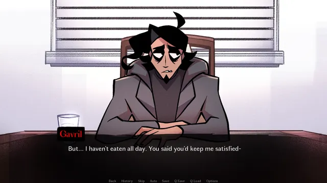 GAVRIL scene: Gavril, hood down and looking tired, sits at the table and says he has not eaten all day