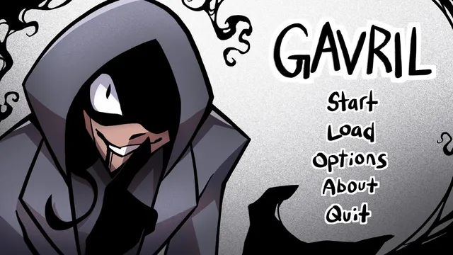GAVRIL title screen: the hooded intruder grins from under his hood beside the Start, Load, Options, About and Quit menu