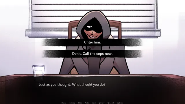 GAVRIL scene: the hooded intruder sits grinning at a kitchen table under window blinds while the choices Untie him and Don't. Call the cops now. are shown