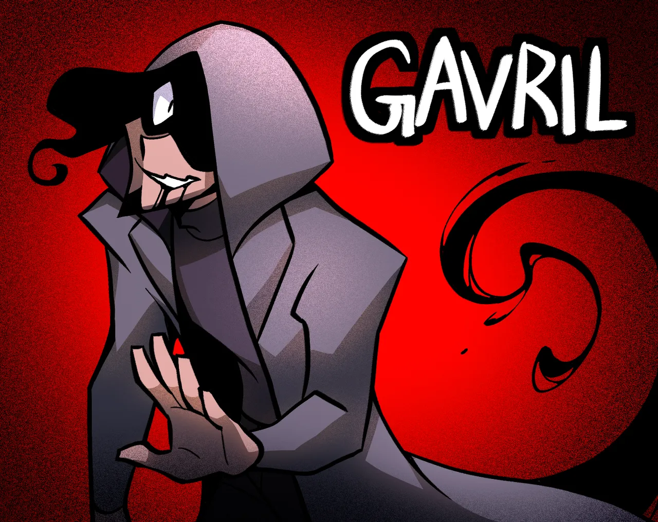 GAVRIL cover: a grinning hooded man in a grey coat, his face hidden by a black mask, reaches out against a red background, with an inky black tail curling behind him