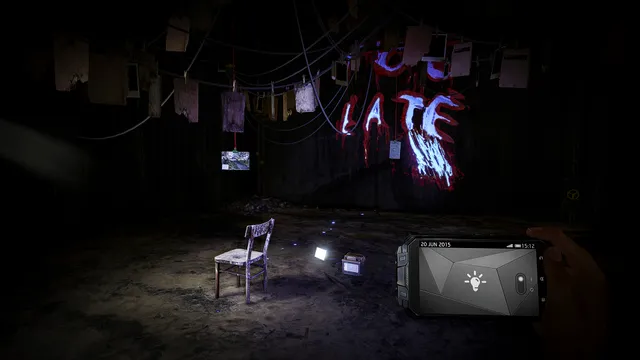 A lone chair in a dark room hung with photos and wires, the word Late scrawled in glowing red on the wall