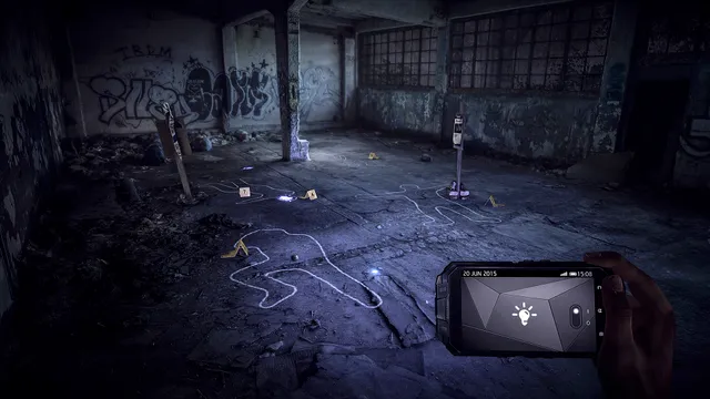 Chalk body outlines and evidence markers on the floor of a graffiti-covered abandoned warehouse