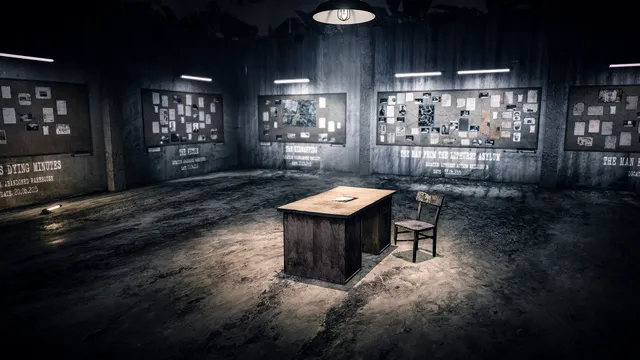An empty desk and chair in a bunker lined with evidence boards titled The Victim and The Kidnapping