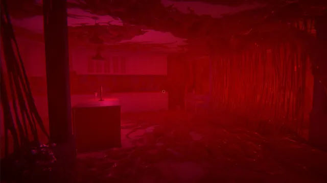 Ghost Exile screenshot: a kitchen bathed in red light, overgrown with hanging roots and tendrils
