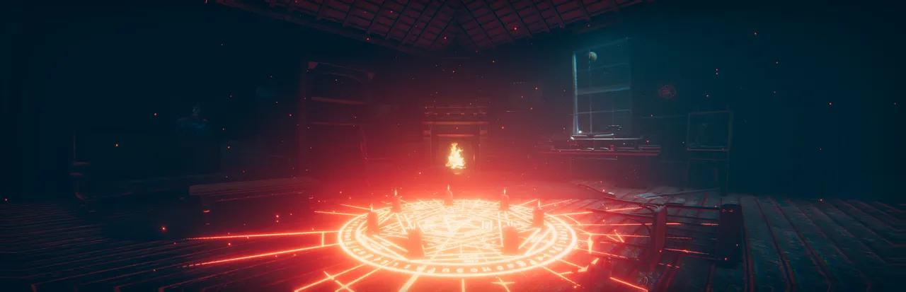 Ghost Exile wide art: a glowing red ritual circle with a candle on the floor of a dark room