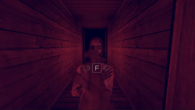 Ghost Exile screenshot: a pale, rotting ghost reaches out in a narrow red-lit wooden corridor