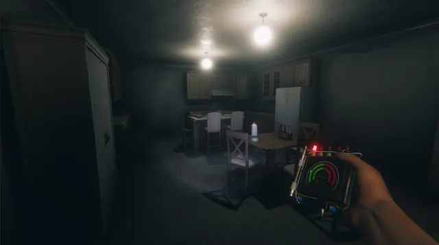 Ghost Exile screenshot: a hand holds a detector with a gauge in a dim kitchen with a table and chairs