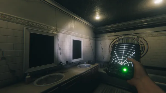 Ghost Exile screenshot: a radar-style device with a green dot held up in an old tiled bathroom