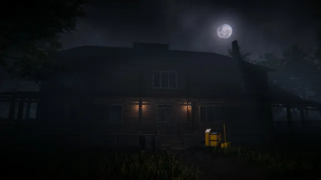 Ghost Janitors screenshot: a wooden house at night under a full moon with a mop bucket by the porch