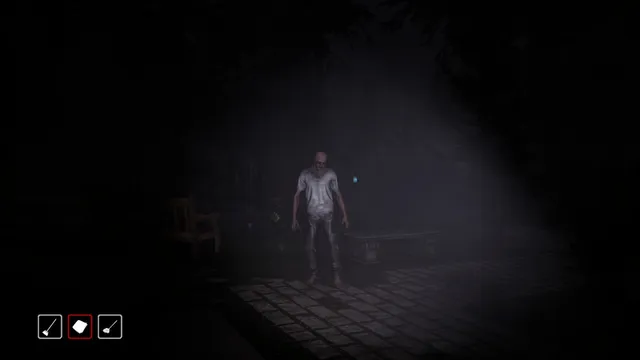 Ghost Janitors screenshot: a pale ghoulish man standing in a flashlight beam in a dark room