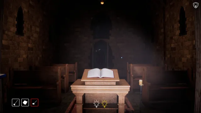 Ghost Janitors screenshot: a dim chapel with pews and an open book on a lectern, cleaning tools at the bottom