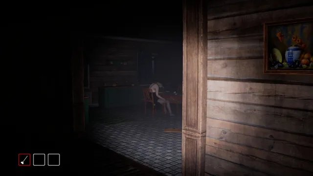 Ghost Janitors screenshot: a pale figure slumped at a kitchen table seen through a dark doorway