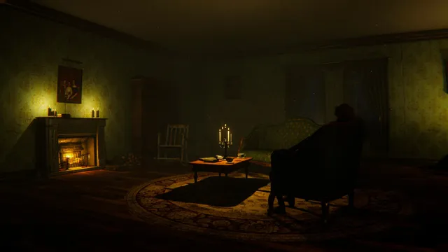 Ghost Janitors screenshot: a candlelit sitting room with a fireplace and a dark figure in an armchair