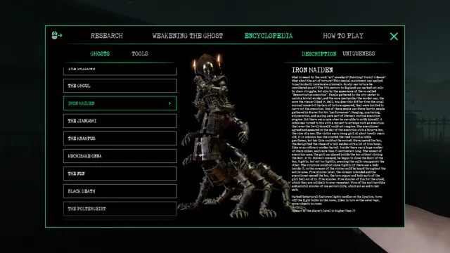 Ghost Watchers screenshot: the in-game encyclopedia showing the Iron Maiden ghost, a creature of iron bands and spikes, beside a list of ghost types