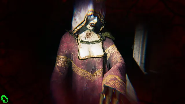 Ghost Watchers screenshot: a bloodied nun-like ghost in a red and gold robe with a chain around her neck reaches toward the player