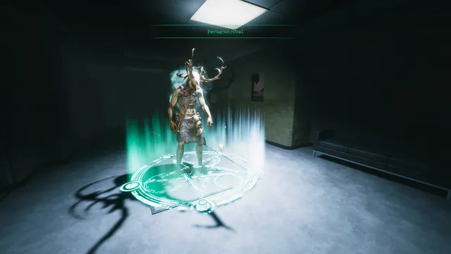 Ghost Watchers screenshot: an antlered demon stands caught in a glowing green pentagram ritual circle in a dim room