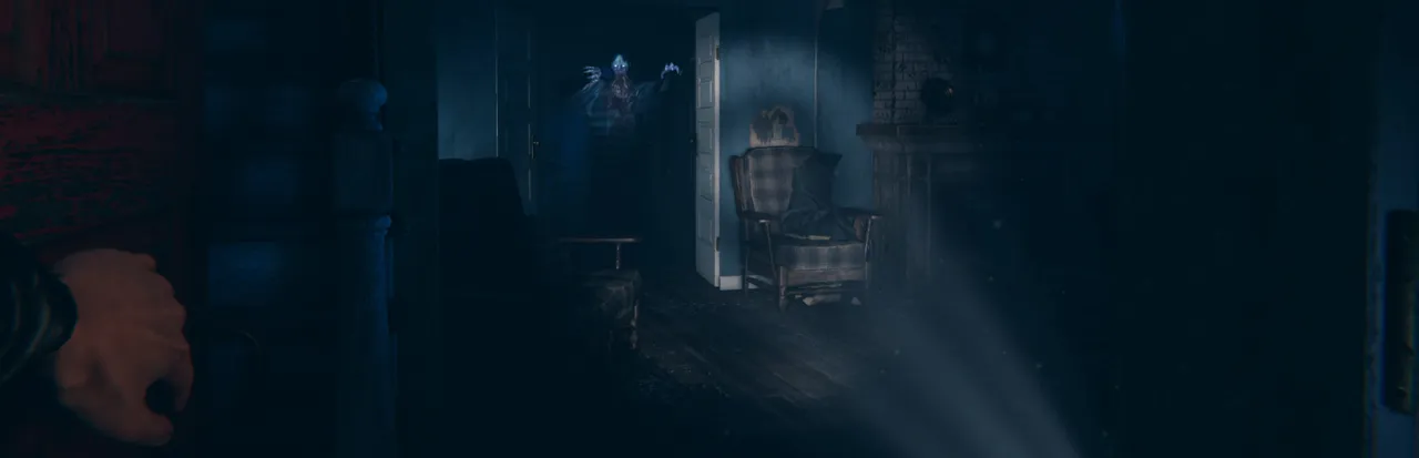 Ghost Watchers key art: a flashlight beam crosses a dark living room with an armchair, while a pale clawed ghost floats in the doorway behind