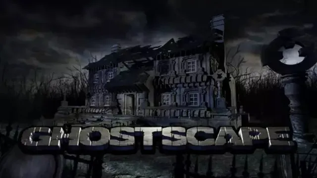 Ghostscape title art: a ruined old house and a stone cross in a graveyard under a stormy night sky, the title in metal letters