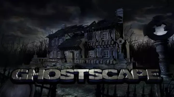 Ghostscape title art: a ruined old house and a stone cross in a graveyard under a stormy night sky, the title in metal letters