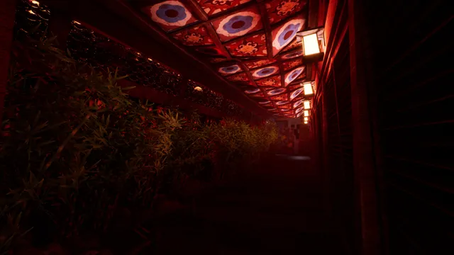 Ginkgo: a red corridor with a patterned ceiling and lanterns beside a dark garden