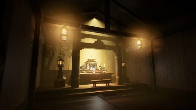Ginkgo: a glowing shrine between lanterns in a dark wooden hall