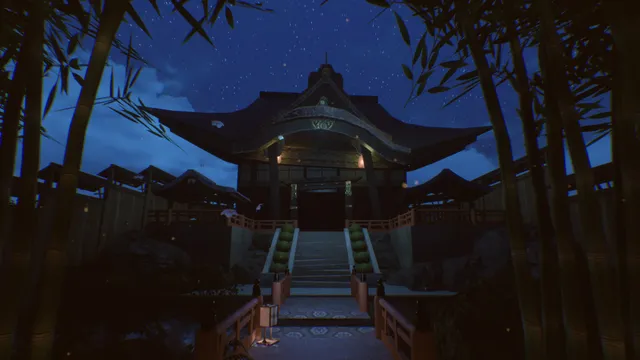 Ginkgo: a temple at the top of stone steps under a starry sky, framed by bamboo